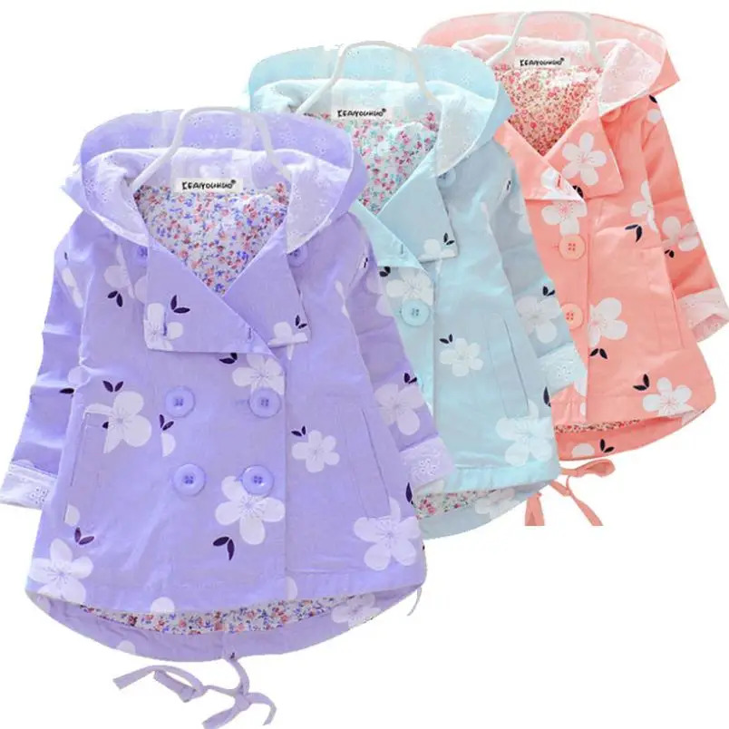 Весна Осень 2018 милая розовая куртка с цветочным принтом для маленьких девочек