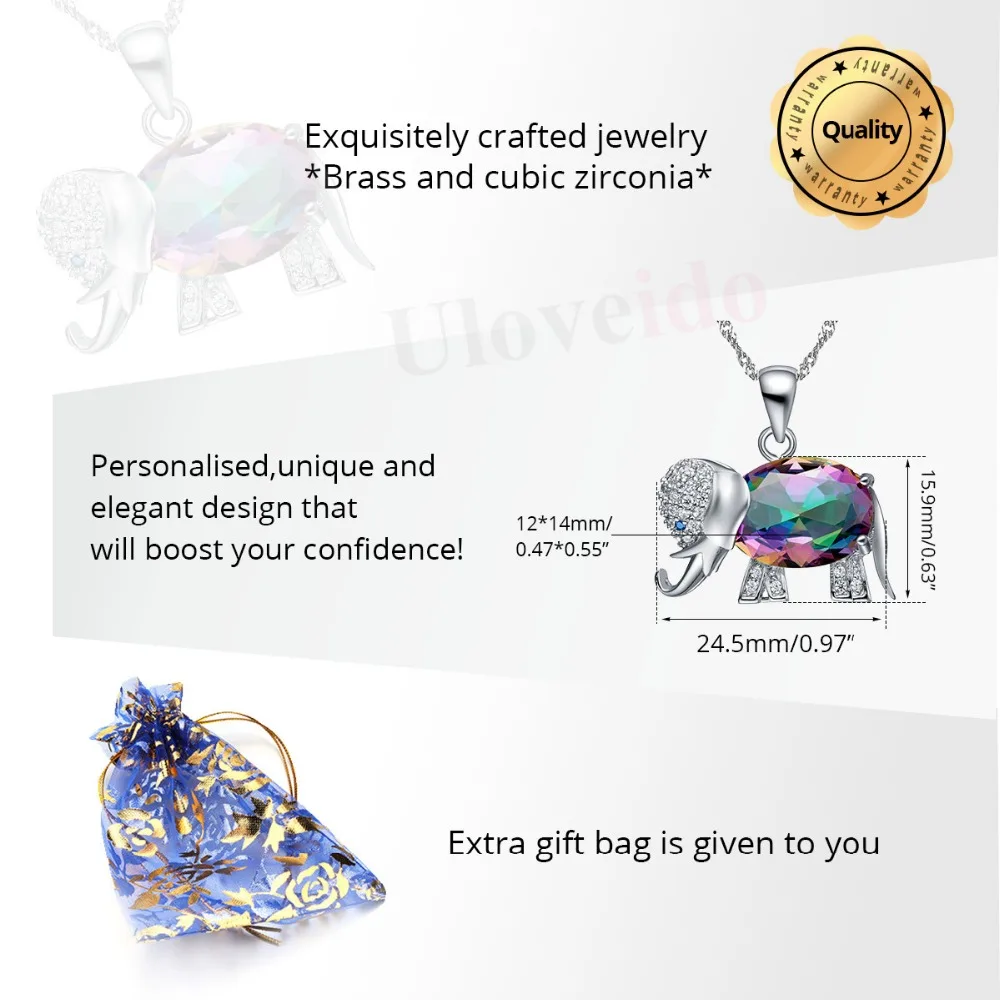 Uloveido Rainbow Elephant Pendant Necklace Chain Animal Necklaces &amp Pendants Silver Color Cute New Year Gifts For Girls N1154 | Украшения