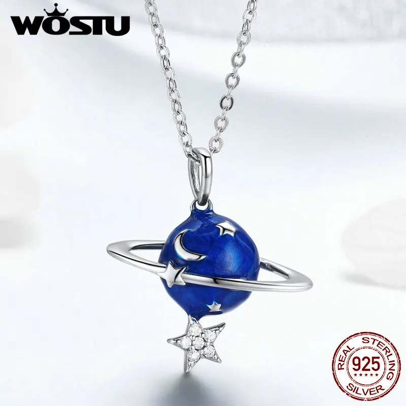 WOSTU серебро 925 пробы голубая планета подвеска Звезда Луна ожерелье для женщин