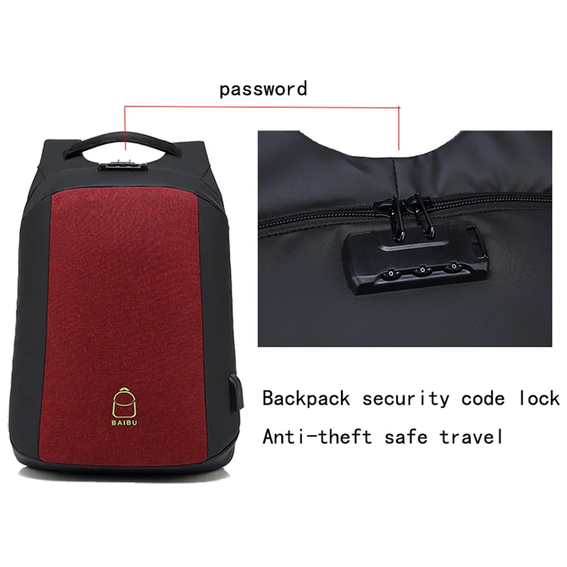 BAIBU USB зарядный рюкзак для наушников дорожный с защитой от кражи ноутбука унисекс