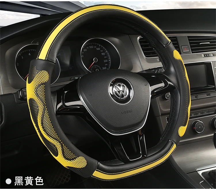 KKYSYELVA D Shape Leather Car Steering Wheel Cover Four Seasons Steering Wheel Hubs ForInterior Accessories