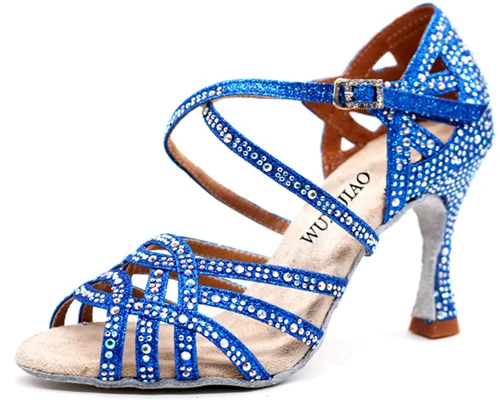 Blue heel 10cm WUXIJIAO/золотые, серебряные стразы; обувь для латинских танцев; женская обувь для бальных танцев; обувь с жемчугом на высоком каблуке 9 см; программное обеспечение для вальса; Лидер продаж - Цвет: Blue heel 10cm