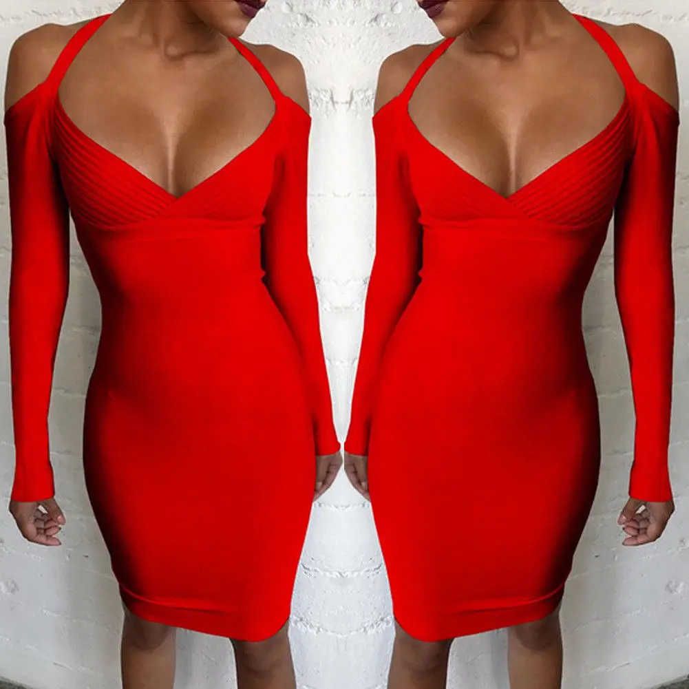 2019 New Style Fashion Hot Pure Color Sexy Women Autumn Winter Long Sleeve Deep V Neck Knit Sheath Mini Dress | Женская одежда