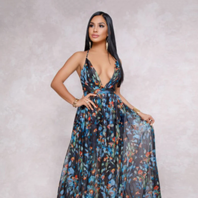 Женское платье на бретельках с высокой талией и принтом сексуальное шифоновое