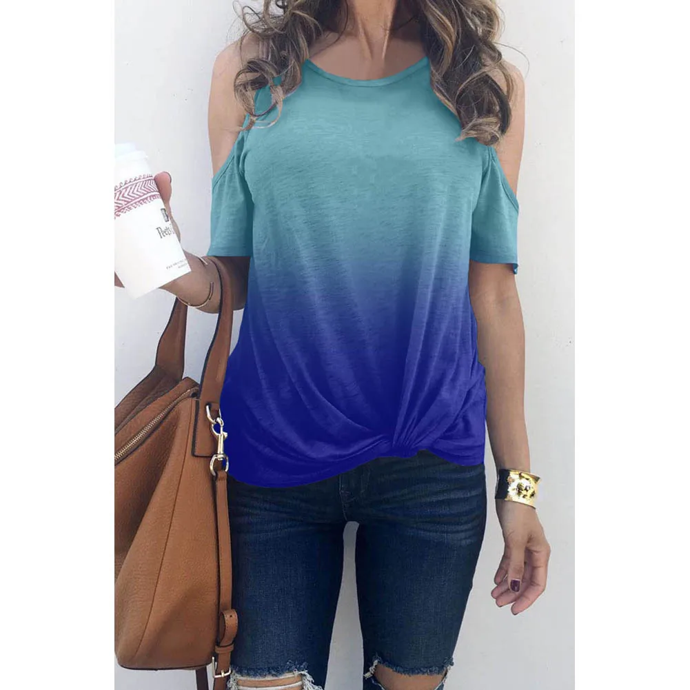 

Gradient Cold Shoulder Knot Twisted T-Shirt The Gradient Color Design Is Chic and Also Slims Your Waist