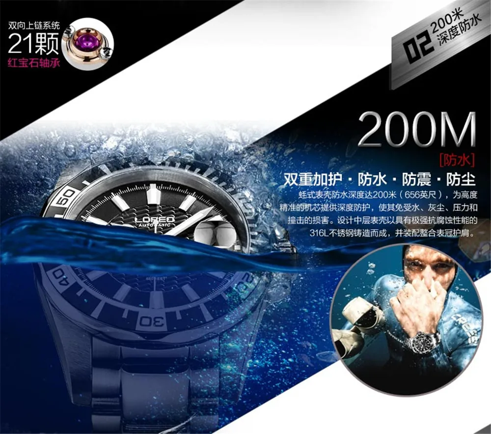 Часы LOREO мужские автоматические механические водонепроницаемые до 200 м с
