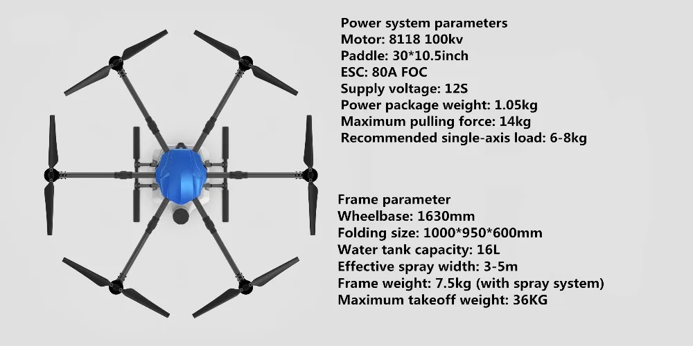 EFT 16 кг 16L E616 шестиосевой сельскохозяйственный распылитель Дрон 1630 мм Колесная база складная рама с X8 комплект системы питания