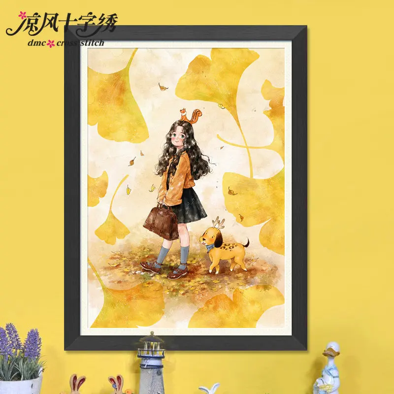 

The girl who stepped into the golden autumn cross stitch kit DMC brand thread animal dog count canvas fabric embroidery handmade