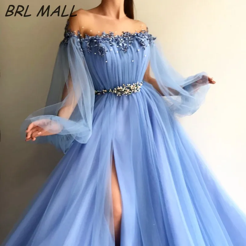 

Illusion Sky Blue Evening Dresses with Long sleeves Beaded Lace Appliques Prom Dresses Sexy Side Slit Party Evening Gowns