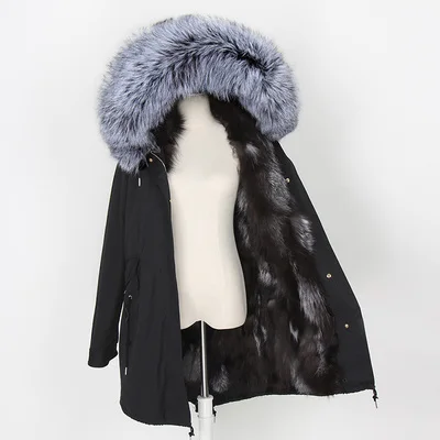 OFTBUY пальто с натуральным мехом, зимняя куртка, Женское пальто, воротник из натурального меха енота, подкладка из лисьего меха, свободная длинная парка, уличная одежда - Цвет: black coat sliver