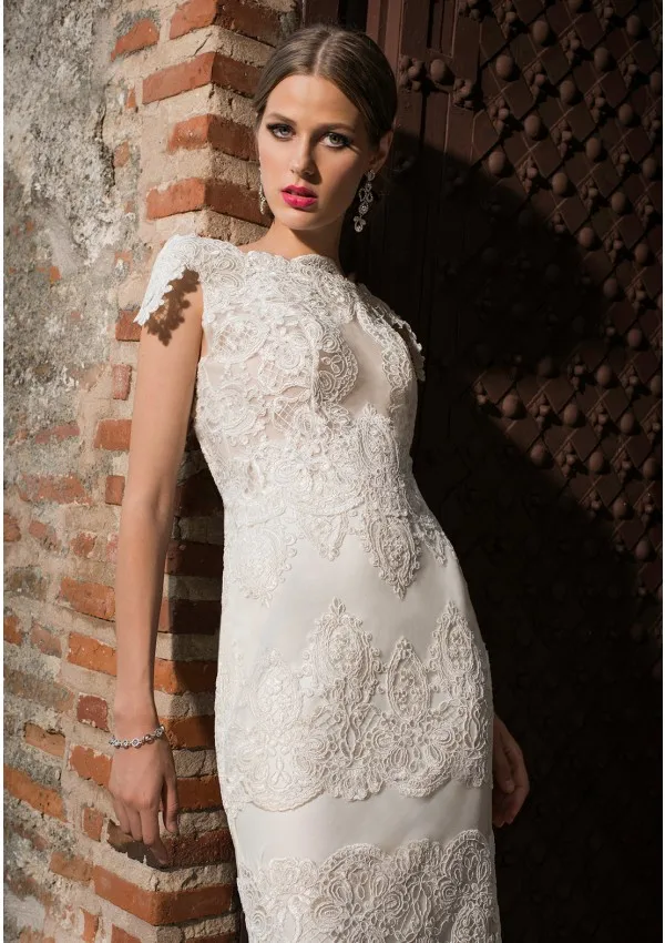 Lace Mermaid Wedding Dresses Boat Neck Short Sleeves Floor Length Open Back Bridal | Свадьбы и торжества