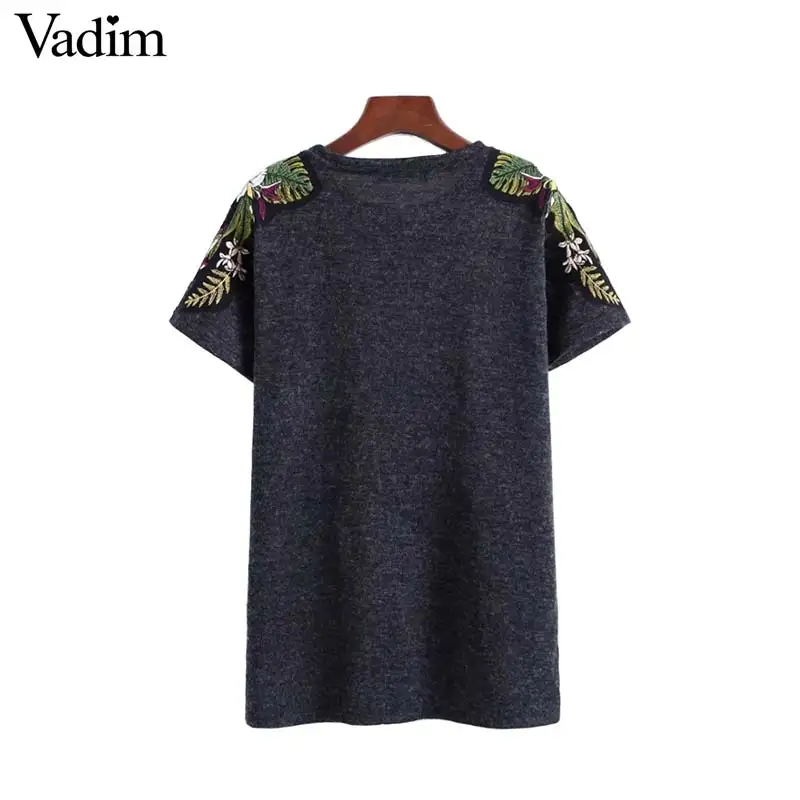Vadim Женская стильная футболка с цветочной вышивкой короткий рукав круглым