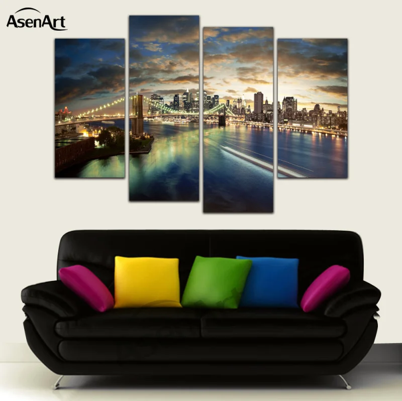 4 Panels Wall Art Canvas Print Brooklyn Bridge Painting Night Landscape Pictures poster for Bedroom Modern Home Decor Unframed | Дом и сад