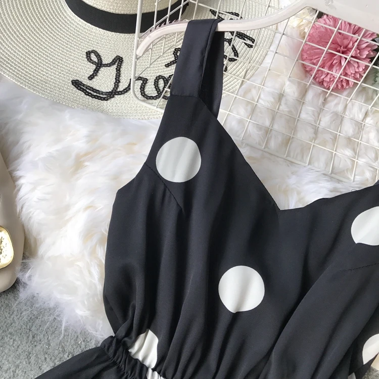 ALPHALMODA Лето корейский стиль до середины икры праздничное платье в горошек женское французское ретро с высокой талией без спинки пляжное платье