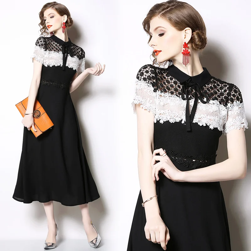 Женское летнее элегантное платье с нашивками высокого качества, короткими рукавами, воротником с отворотом, черное, для офисных вечеринок, с длинным кружевом.