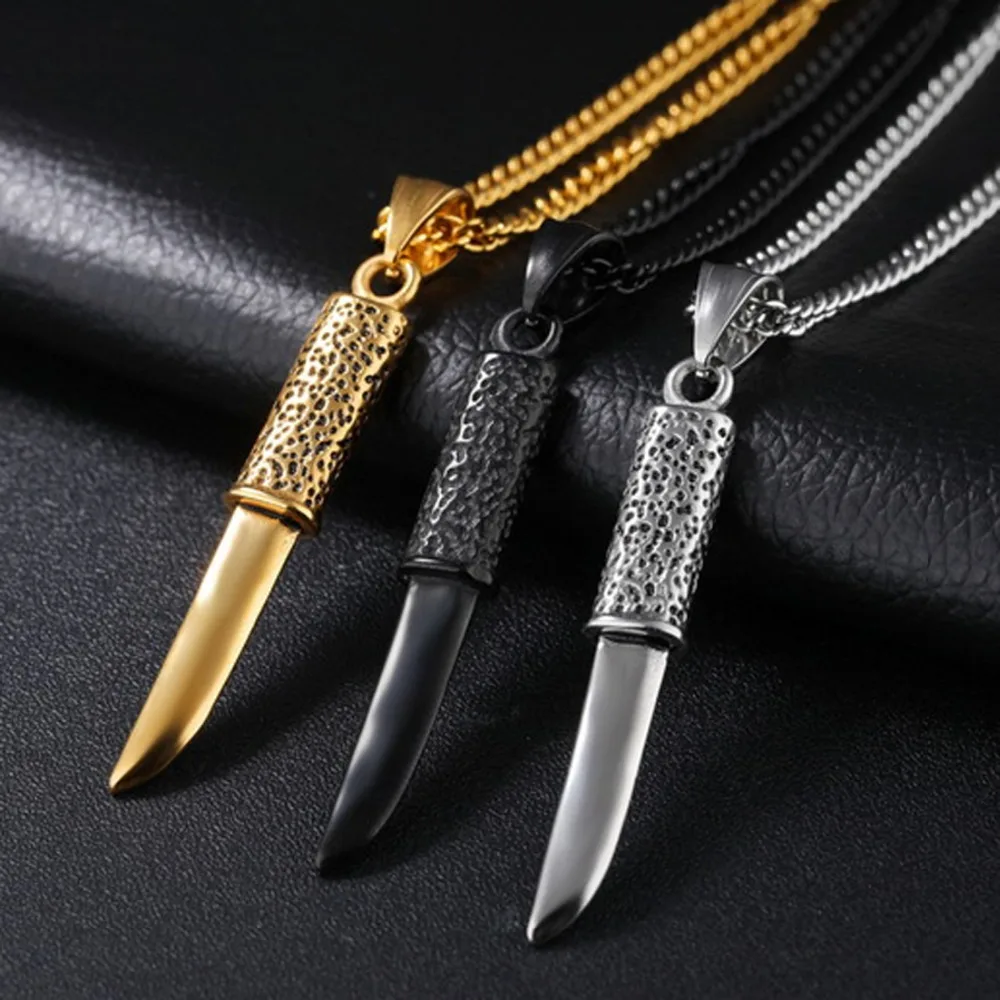 High Quality Stainless Steel Silver Color Gold Black Dagger Knife Pendant Necklace Men's Unisex's Chain Jewelry Wholesale/Retail |