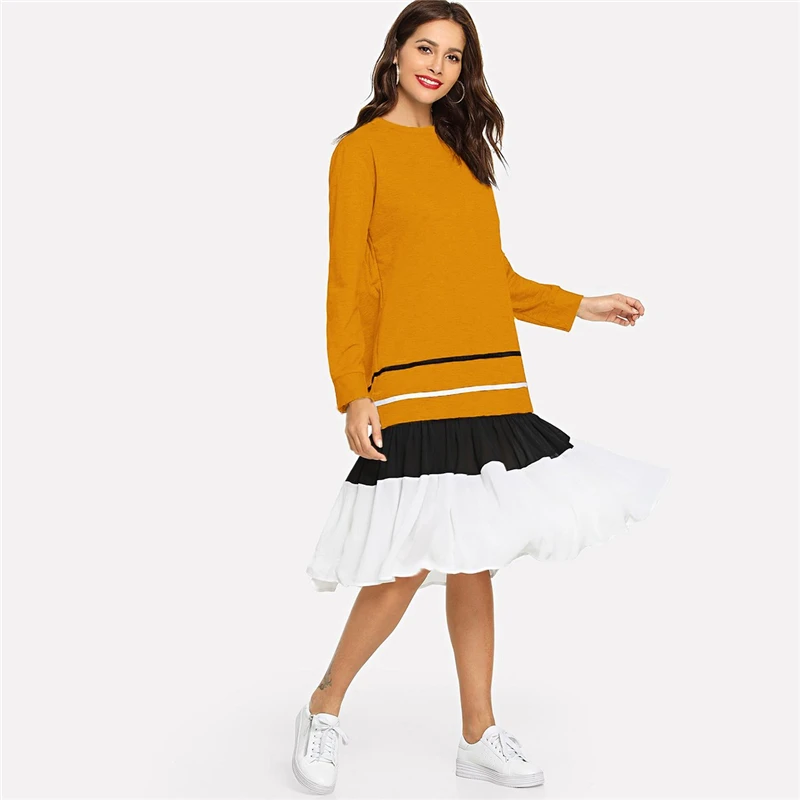 Dotfashion, желтые полосатые платья с оборками, женская одежда, осень, Повседневная модная одежда, толстовка с длинным рукавом, платье
