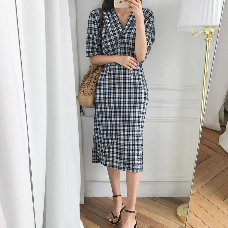 Винтажное женское платье BGTEEVER с V-образным вырезом высокой талией в клетку