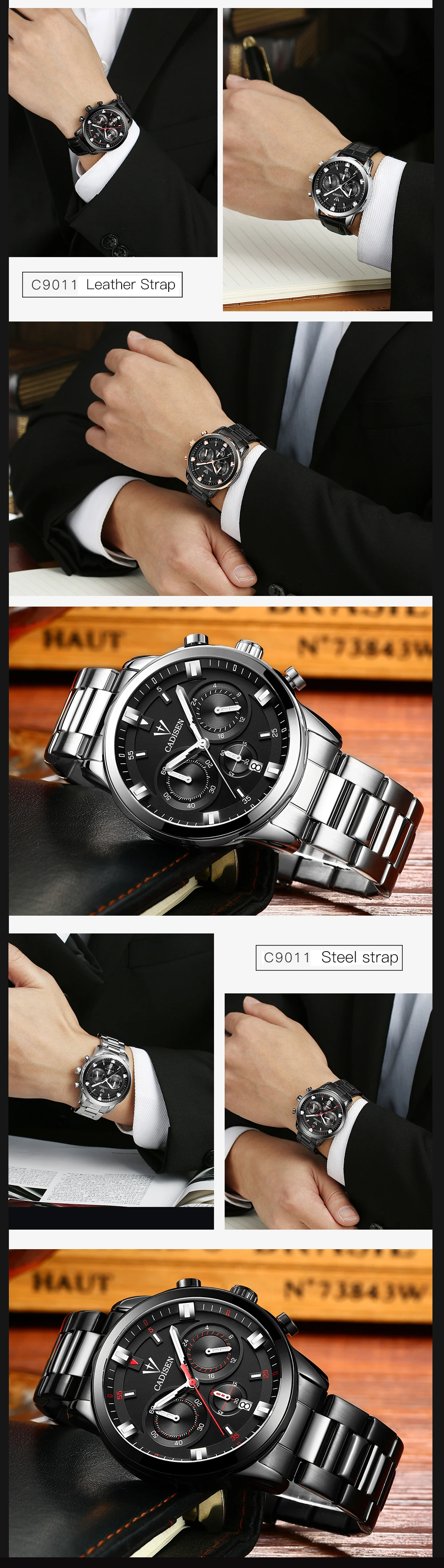 CADISEN Men Watches Brand Luxury Stainless Steel Waterproof Sport Quartz Chronograph Military Watch Men Clock Relogio Masculino