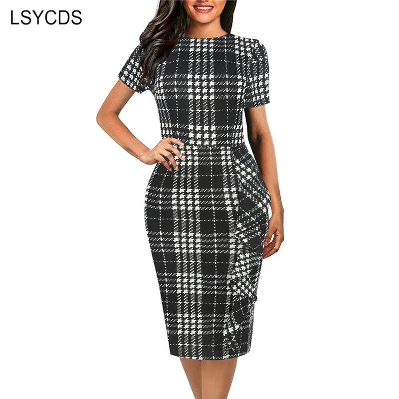 LSYCDS 2020 Summer Bodycon Dresses for Woman Elegant Casual Office Dress Short Sleeve Knee Length Pencil Polka Dot | Женская одежда