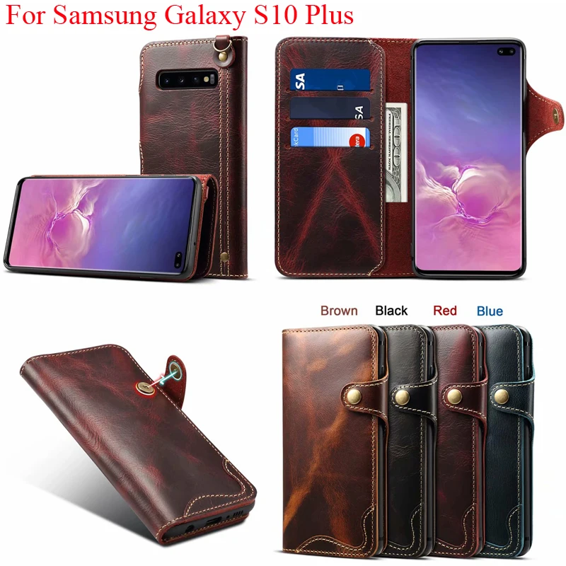 Чехол бумажник из натуральной кожи для Samsung Galaxy S10 Plus чехол с ремешком на руку и