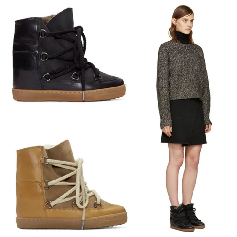 Zapatillas mujer; модные зимние ботинки на меху; визуально увеличивающие рост Теплые ботильоны в байкерском стиле; женская обувь на танкетке со шнуровкой
