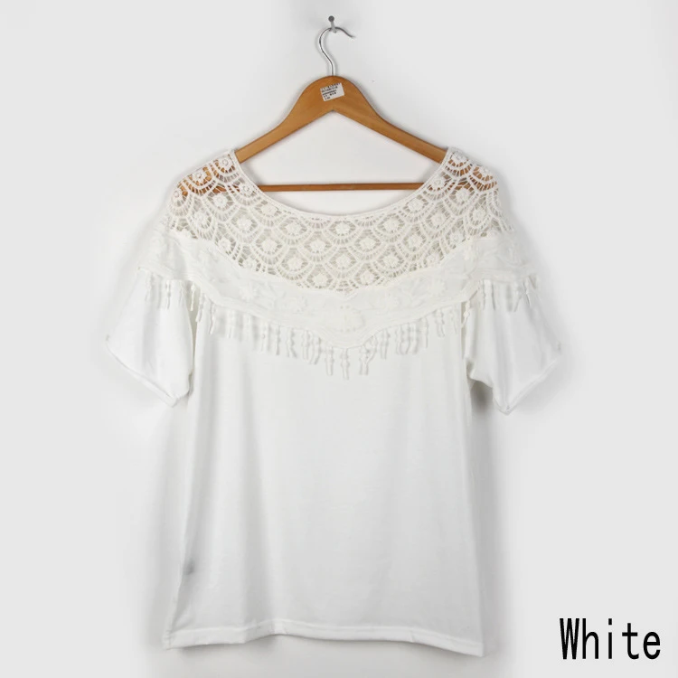 Новинка ажурная женская футболка с кружевами вырезом лодочкой кисточками