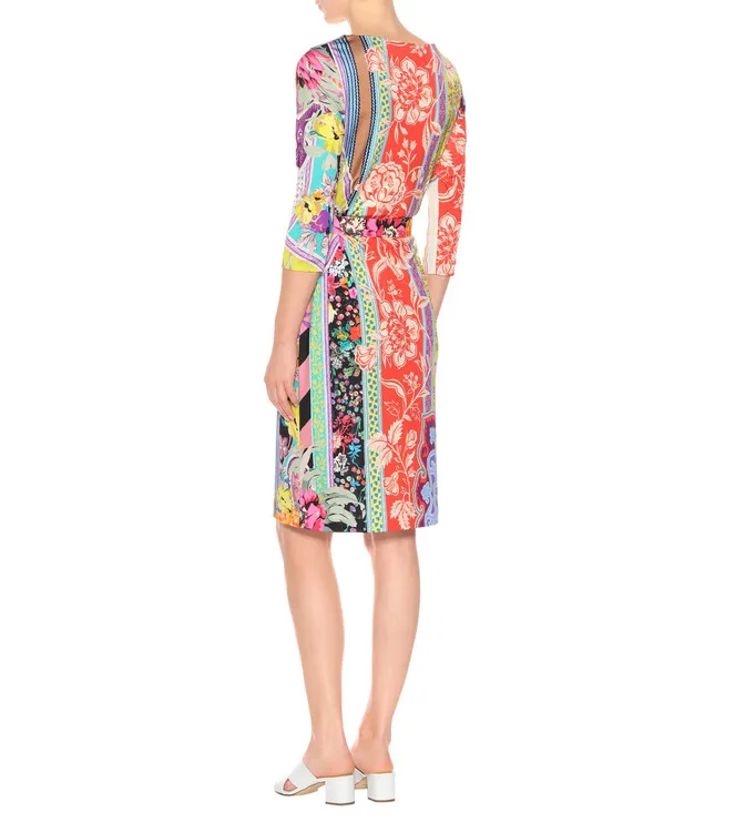 New 2018 Luxury Designer Dress Women's Fashion 3/4 Sleeves Colorful Flower Print XXL Stretch Jersey Slim Silk Day | Женская одежда