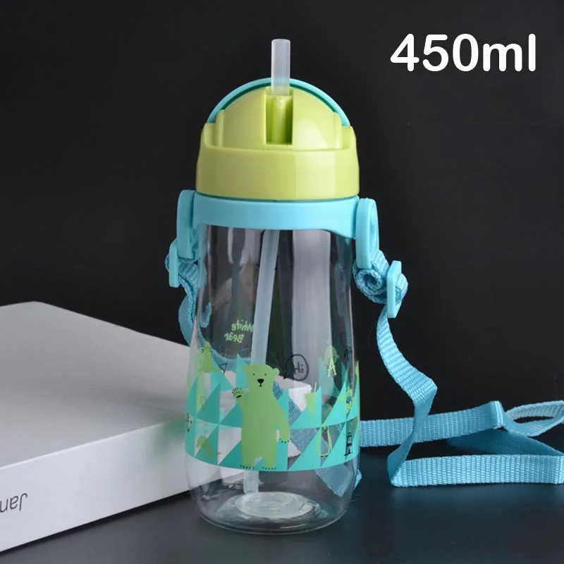 450ml Blue Strap 230/450 мл, чашка для кормления, Детская Бутылочка с соломинкой, портативная веревка, непроливающаяся детская чашка, пластиковая бутылка для детей, питьевая вода copo - Цвет: 450ml Blue Strap