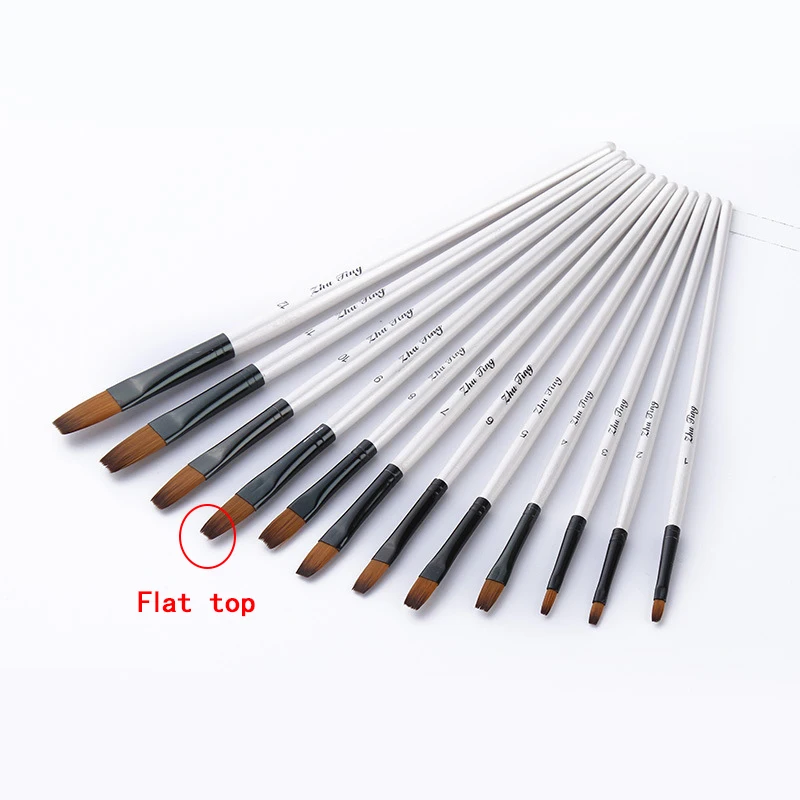 12Pcs white flat top 12 шт. нейлоновые волосы деревянная ручка Акварельная кисть для рисования, ручка Набор для творчества масляная Акриловая картина художественные Кисти - Цвет: 12Pcs white flat top