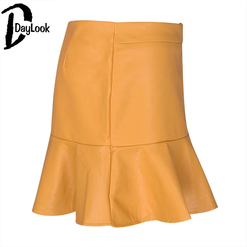 Daylook New Arrival PU Leather Skirts High Waist Sexy Ruffled A-Line Office Skirt Faux Pencil Solid Mini Bodycon Women | Женская одежда