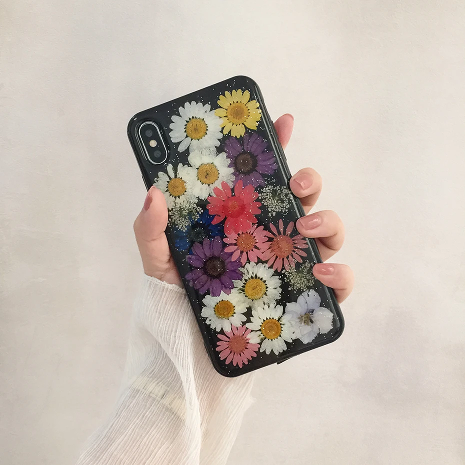 DIY блестящие ручной работы настоящие сухие цветы Чехлы для iPhone 6 6s 7 8 plus X XS XR Max
