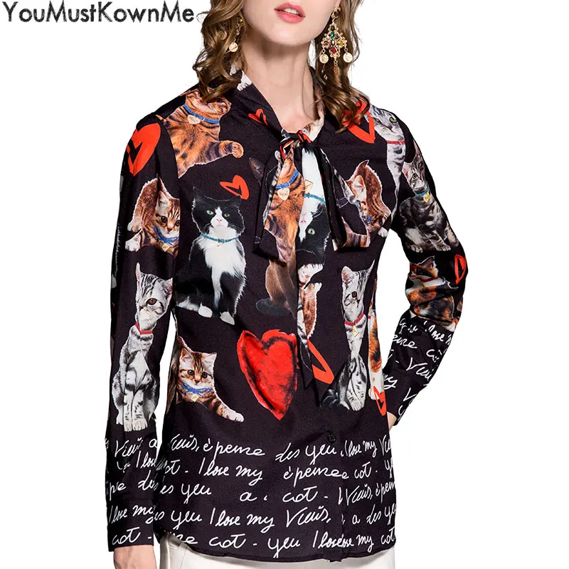 2019 women runway fashion dogs cats printed casual long sleeve shirt with bow tie plus size 3xl shirts blouses tops |