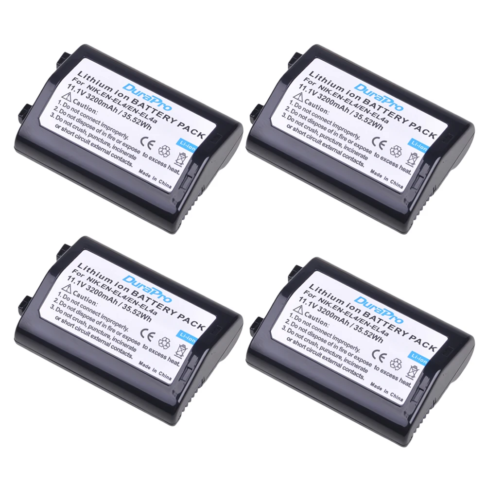 

DuraPro 4Pc 3200mAh EN-EL4 EN EL4 EN-EL4a ENEL4a Rechargeable Battery Akku for Nikon D2H D2Hs D2X D2Xs D3 D3S F6 MH-21 Cameras