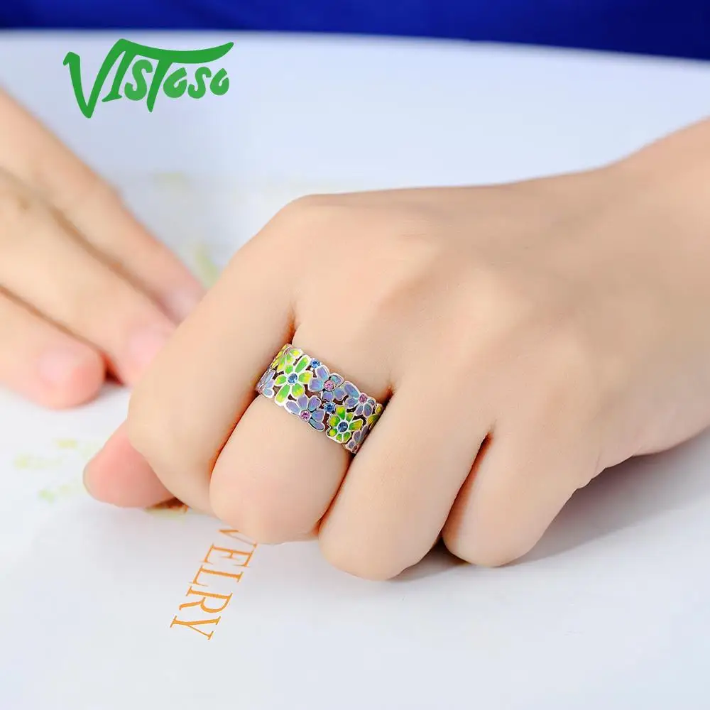 VISTOSO ювелирный набор ручной работы Красочные эмаль белые камни CZ цветок кольцо