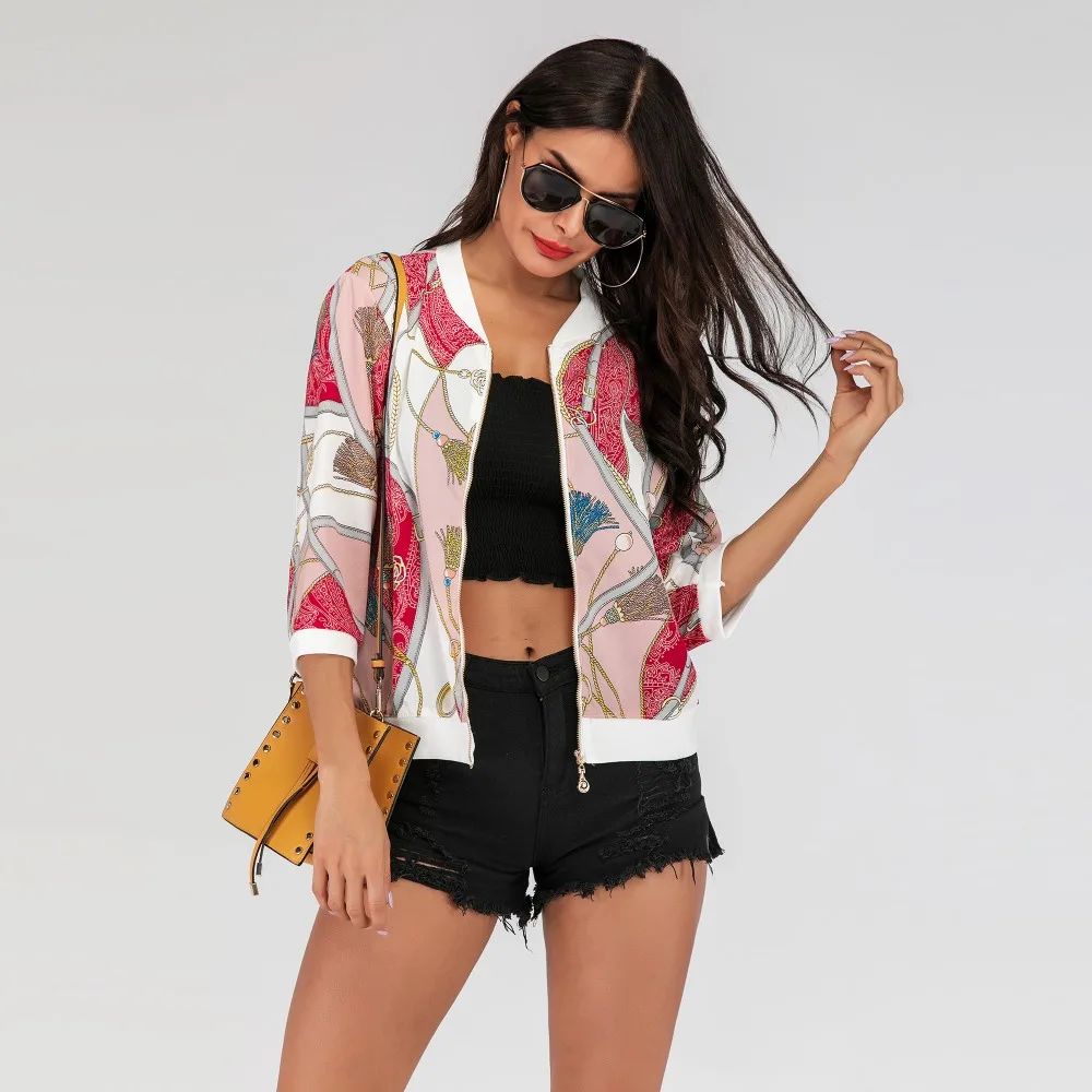 

YYFS High Quality Summer New 2019 Fashion Casual Geometric Print Zipper Short Coat Loose Chiffon Short Women Coats Tops Feminino