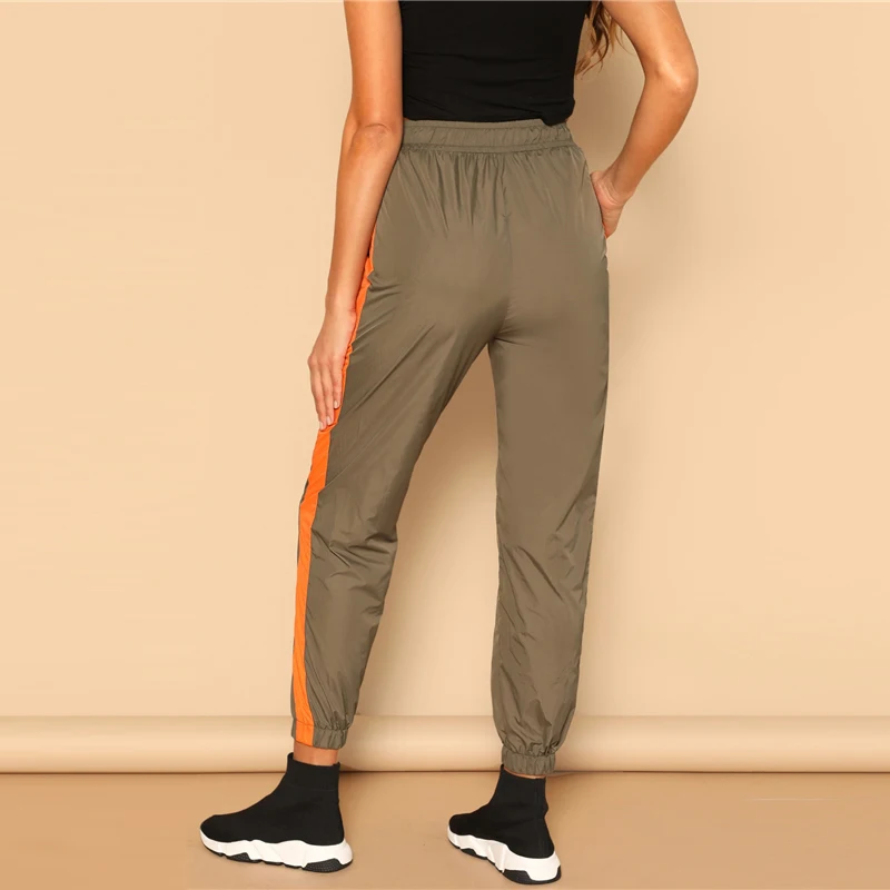 SHEIN Двухцветные Брюки С Кулиской Женские Повседневные Осенние Брюки С Завязками На Талии