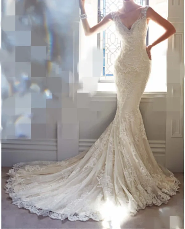 Женское свадебное платье-Русалка с кружевной аппликацией и v-образным вырезом