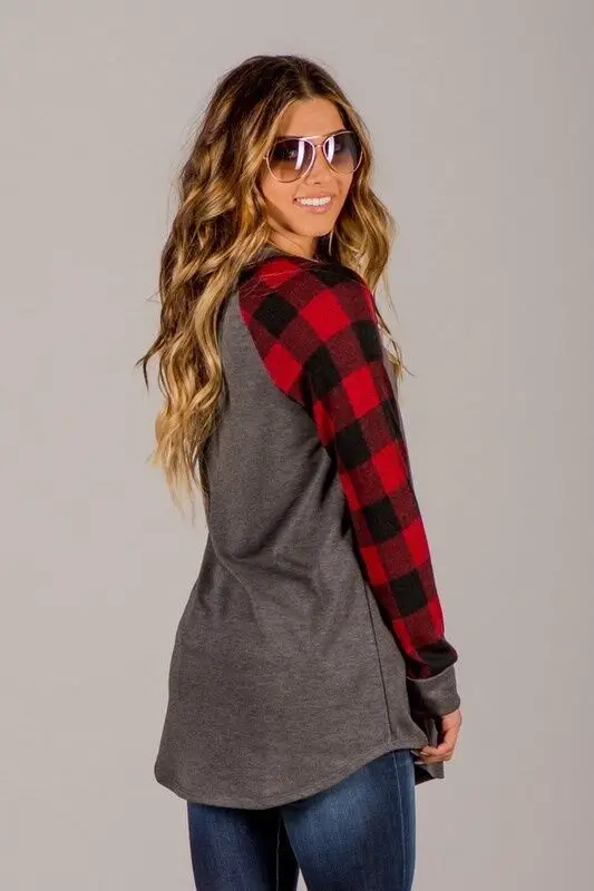 Блузка женская с длинным рукавом модный топ в клетку принтом свободная рубашка