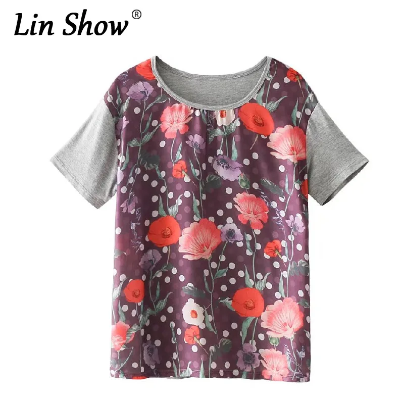 Linshow Лето Принт с цветком женские Футболки для женщин o-образным вырезом шить
