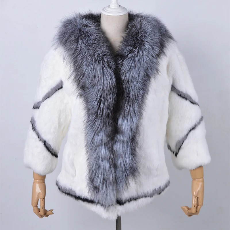 Real Natural Women's Rabbit Fur Coat Fox Fur Collar Large Size Rabbit Skin Women Winter Coats Black Woman's Casual Autumn Coat