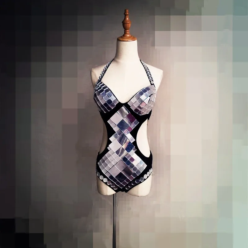 Silvery Gold Reflective mirror Bodysuit Sparkly Sequins Hollow Bodysuit Female Bar Singer DJ Costume Dancer Catwalk Stage Wear