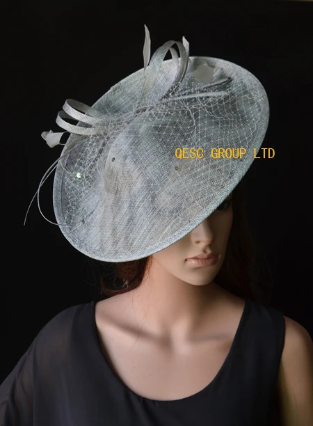 SILVER GREY Винный большой головной убор Sinamay База блюдце очарование hatinator королевская Свадебная шляпка w/страуса позвоночника и вуали для гонок, Кентукки Дерби, церкви - Цвет: SILVER GREY