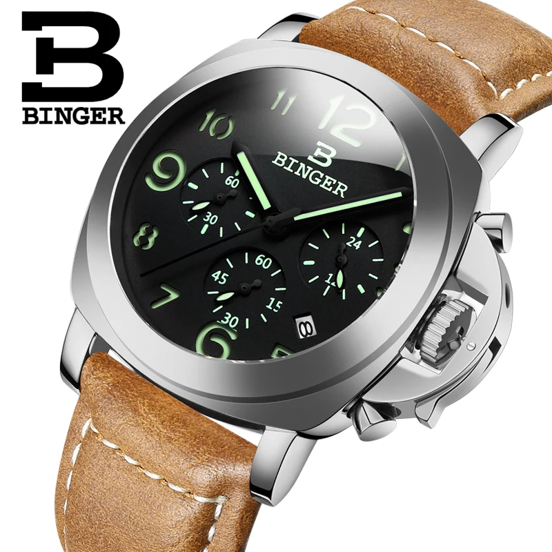 2017 New BINGER Luxury Brand Quartz Watches Men analog chronograph Clock Sports Military Leather Strap Fashion Wrist Watch|watch brand|watch brand