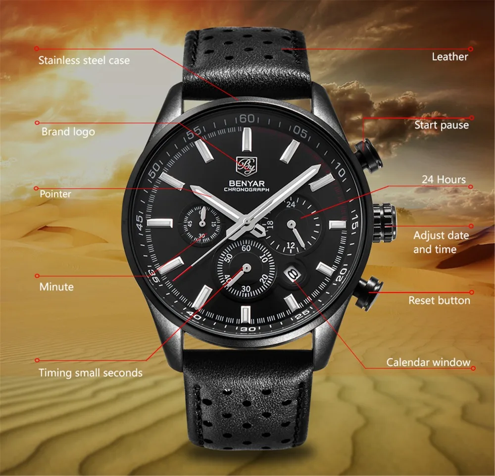 Новые BENYAR Топ брендовые Роскошные Кварцевые часы мужские петух Водонепроницаемые кожаные мужские часы хронограф военные часы Reloj Hombre