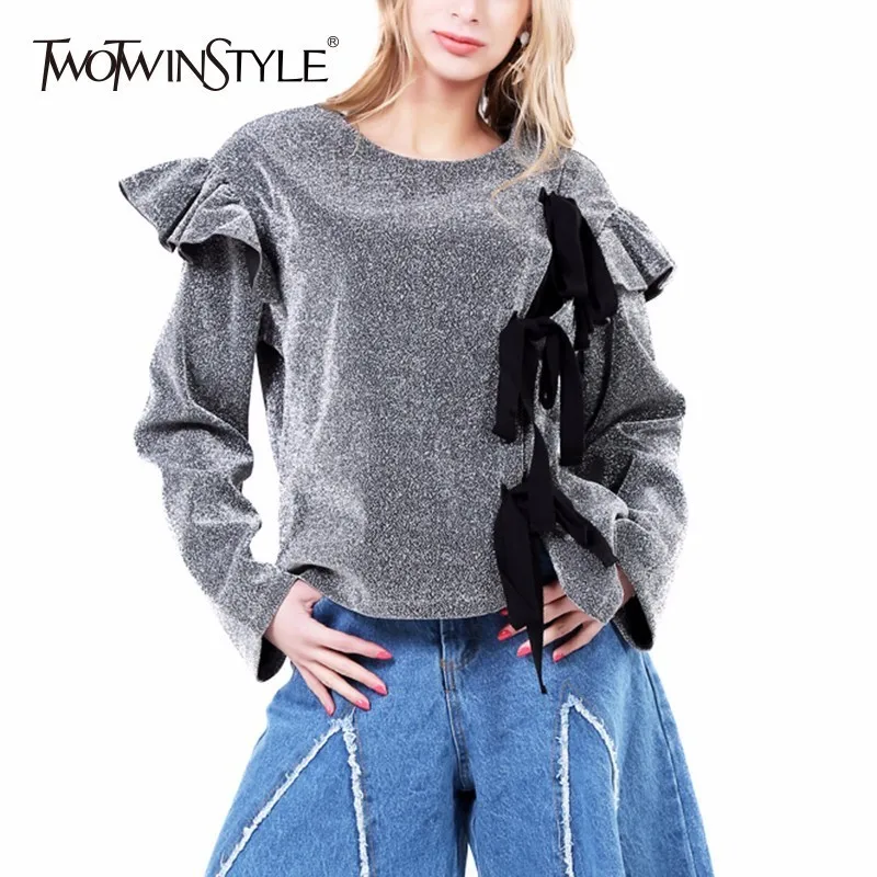 Женская толстовка на шнуровке TWOTWINSTYLE с оборками длинными рукавами молнии