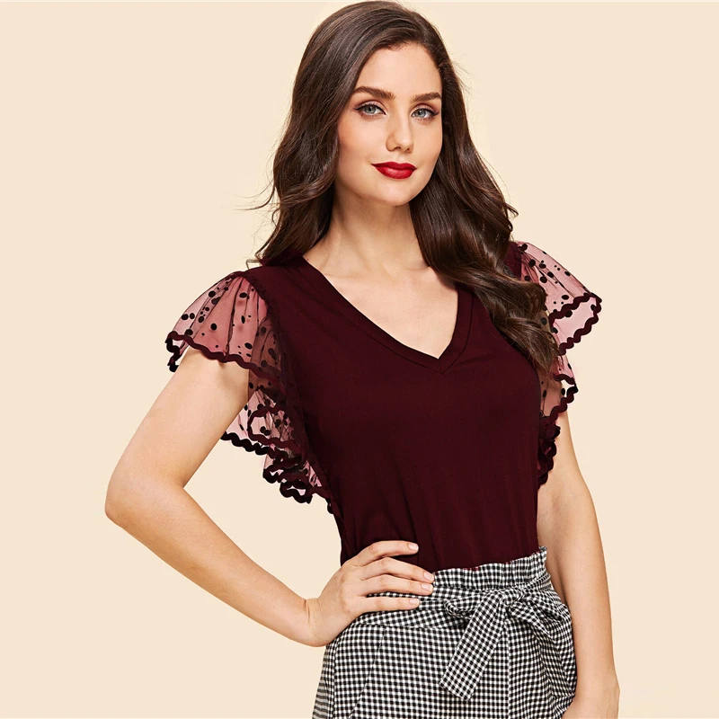 SHEIN винтажная Однотонная футболка в черный горошек с контрастным сетчатым рукавом и v-образным вырезом, женская летняя элегантная Однотонная футболка с коротким рукавом, топы