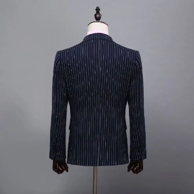 2018 темно синий полосатый Свадебный костюм двубортный деловой для жениха на заказ