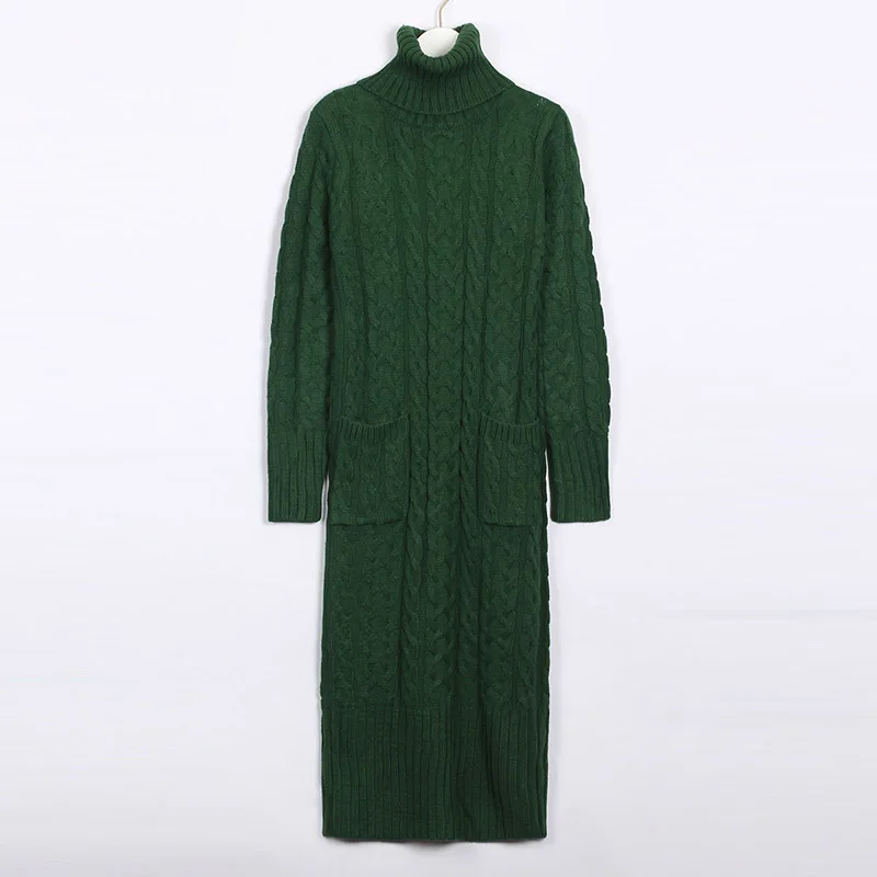 Wixra Knitted Dress Autumn Winter Solid Turtleneck Mid-Calf Pockets Sweater Dresses Women's Clothing - Цвет: Green