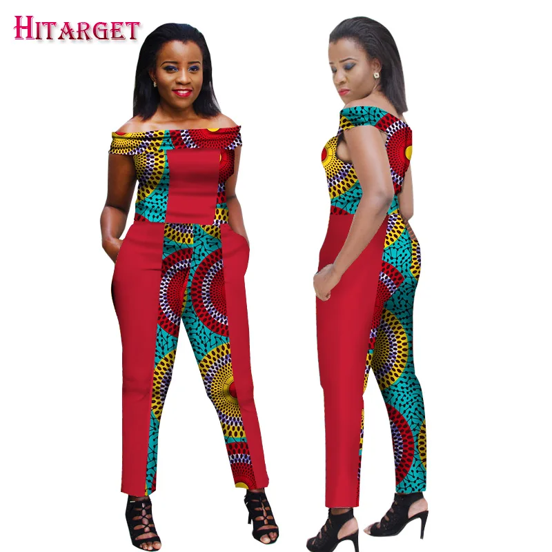 

New African Wax Print Jumpsuit Women Clothing Bazin Riche African Slash Neck Patchwork Jumpsuit Dashiki African Clothes WY1714